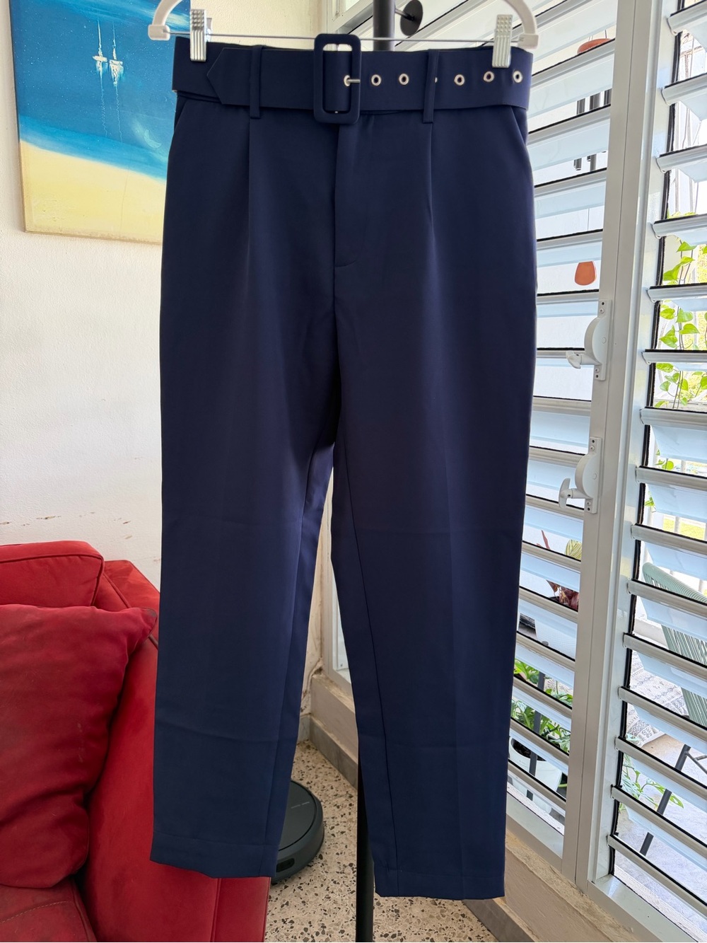 SHEIN Navy Straight-Leg Belted Pants
